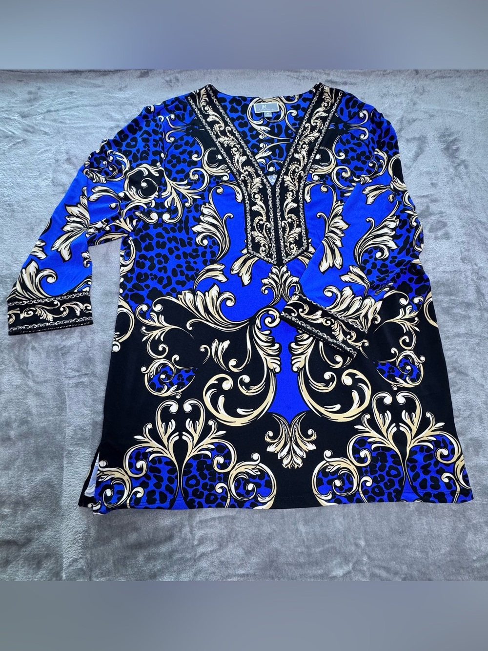 JM Collection Blue Baroque Print Embellished Tunic Top XL - Picture 3 of 10